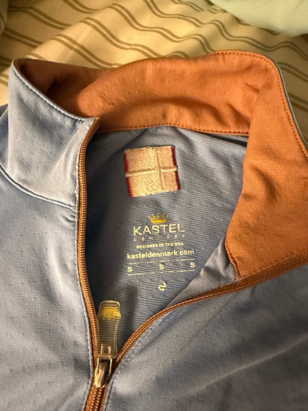 Kastel Denmark Women's Light Blue Long Sleeve Zip Pullover with Tan Collar